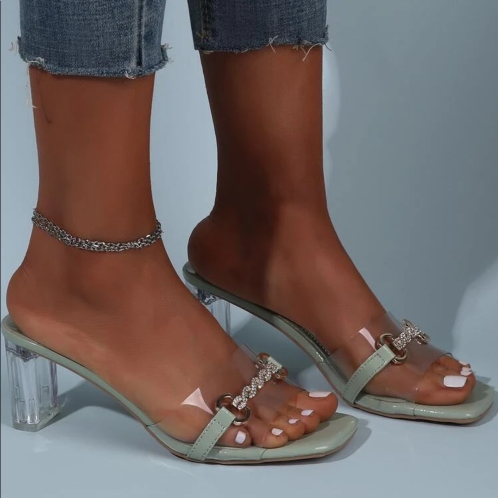 Sage rhinestone mules